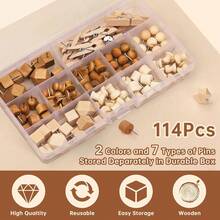 114pcs Wooden Push Pins Set With Storage Box, 2 Colors, 7 Styles, Decorative Wooden Head Push Pins For Map Marking, Bulletin Board Decor - Boxed - View 3