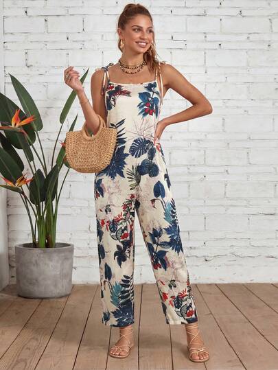 Tropical Botanical Leaf Floral Print Tie Shoulder Spaghetti Strap Square Neck Loose Wide Leg Vacation Casual Jumpsuit