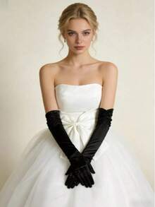 1 Pair Women's Extra Long Over Elbow Double Row Beaded Satin Silk Bridal Wedding Gloves Suitable For Apparel Matching - Black - View 3