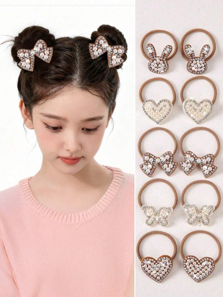 10 chiếc phụ kiện tóc đính đá hình nơ/trái tim/thỏ cho bé gái, dây buộc tóc công chúa dễ thương, dây chun buộc tóc, scrunchies, không gây hư tổn.