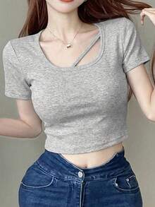 Kaos Wanita Pendek dengan Tali Pita Warna Kontras, Kasual Musim Panas - Grey - View 7