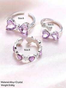 Set de 3 anillos con decoración de mariposa, corazón y cristal en estilo Y2K para niñas - Perfecto para citas, fiestas, regalos del Día de San Valentín o uso diario - Morado - Ver 6