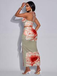 AIJ Amarilo Women's Elegant Tropical Print Ruched Hollow Out Fitted Metal Ring Buckle Niche Design Sleeveless Backless Camisole Top And Drawstring High Slit Skirt 2-Piece Set (Placement Print) Summer - Red-brown Flowers On Apricot Yellow Background - View 2