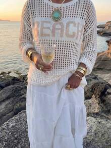 New Summer Women White Knit Long Sleeve Shirt, Suitable For Beach And Party, Casual And Work Commute Outfit - Off White - View 4