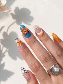 NAILS BASE 10件/組 粉色杏仁形長款法式漸層漸變假指甲，附玫瑰紅花朵，杏仁形甲片，適合辦公場合的中性華麗風，日式手工製 P - 彩色 - 查看 2