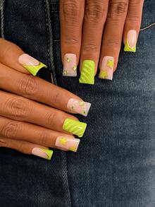 10pcs Y2K Nails Chic Duckbill Press On Nails Set - Handcrafted, Pink Nails, Green Nails, Green French Tip Nails, Handmade 3D Green Star And Gold Pattern, Hand Drawn 3D Water Droplet Pattern And Green French Tip Style Design, Sparkling Green Rhinestone Decoration, Delicate Graceful Nails - Multicolor - View 4