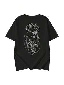 Esta camiseta informal de manga corta para mujer, de cuello redondo, en blanco y negro, presenta estampados de dibujos animados, letras y animales, ideal para el verano, la playa y las vacaciones. Confeccionada con tejido 100% algodón puro de 200 g, esta camiseta de manga corta de alta calidad es suave y cómoda, convirtiéndola en una prenda esencial para el día a día. - Negro - Ver 2