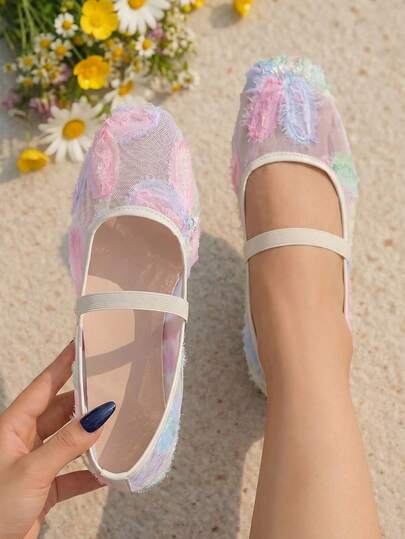 planare Giày bệt nữ thời trang mới, thanh lịch, chất liệu lưới đính sequin và lông vũ, kiểu Mary Jane, quai ngang, thoáng khí, dáng cổ điển, nhiều màu (họa tiết không đều).