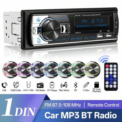Đầu phát radio ô tô Hippcron 1 DIN, Bluetooth, Stereo, MP3, FM Receiver, tích hợp AUX, USB, khe cắm thẻ TF, sạc nhanh, nguồn ISO.
