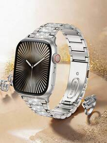 Huastonband 1件女款銀色金屬可調節錶帶，兼容 Ultra 3 SE S10 S9 S8 S7 S6 S5 S4 S3 S2 S1，提供 38mm、40mm、41mm、42mm、44mm、45mm、49mm、46mm 尺寸（不含手錶）。銀色珠寶金屬可調節女款錶帶 - 銀色 - 查看 11