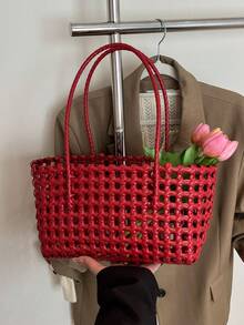 Túi đi biển bằng rơm khoét rỗng, giỏ đan dã ngoại, túi xách thường ngày mới cho kỳ nghỉ của phụ nữ. - Đỏ - Xem 9
