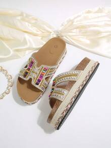 2026 Spring/Summer New Women's Sandals, Double Buckle, Rhinestone Fashion Thick-Sole Slippers, Random Floral Pattern, Essential For Vacation & Beach, Suitable For All-Day Wear - Gold - View 8