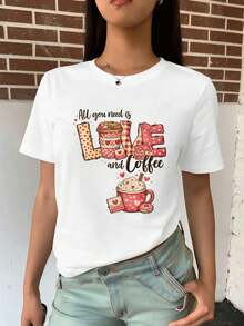 Women's T-Shirt With "Love Coffee" Print, 100% Cotton, Loose Fit, Casual, Graphic Design. - White - View 2
