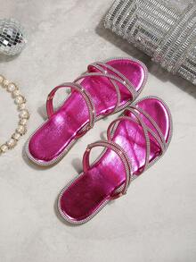 Sandal đế bệt mũi tròn, quai chéo, màu trơn, đính đá pha lê, kiểu dáng tối giản, nhẹ nhàng, thích hợp cho nữ mùa hè, phù hợp với váy, kiểu dáng cổ tích, có thể mang theo hai kiểu. - Màu Hồng Tươi - Xem 7