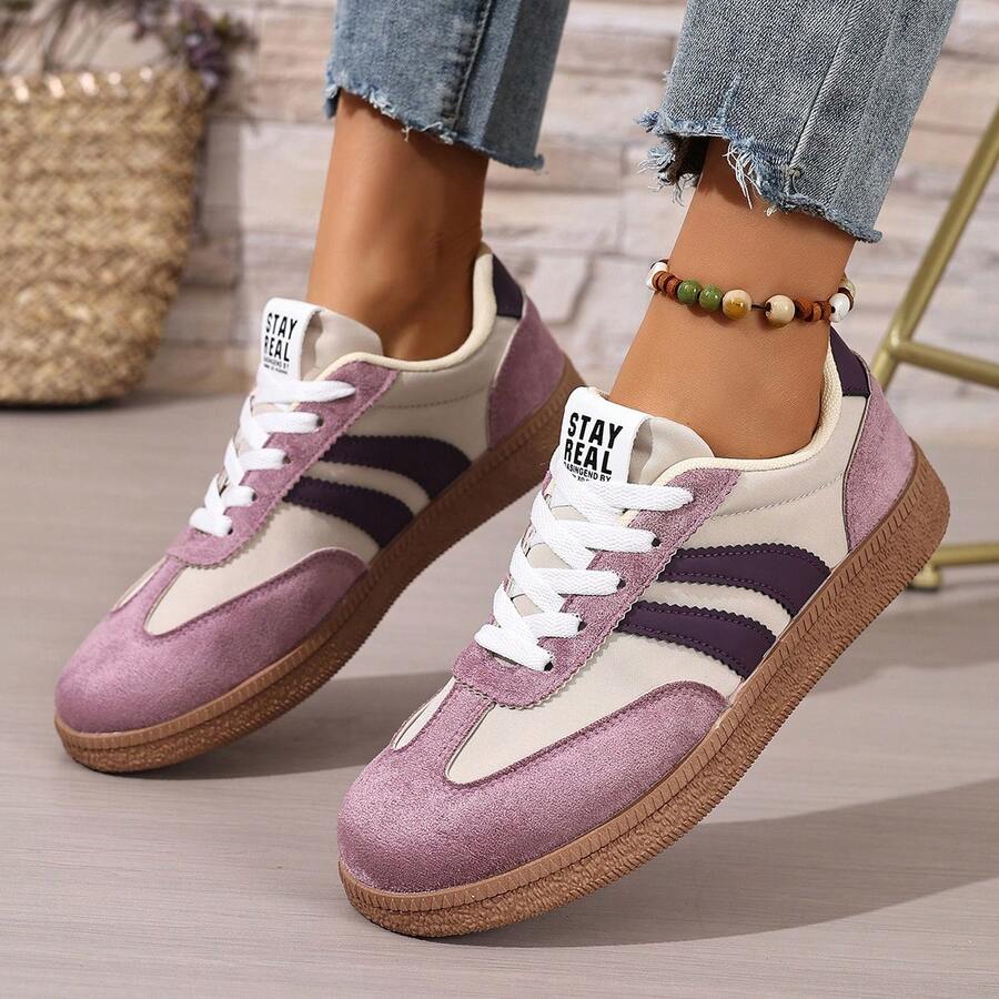 New Patchwork Retro Casual Shoes For Women, Low-Top Striped Sneakers, Breathable Soft Sole Leisure Shoes, Student Versatile Sports Shoes, Plus Size Slimming Daily Commute Shoes, Lightweight Flat Vintage Running Shoes - Purple - View 1