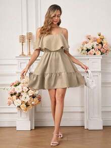 Vestido elegante de moda nuevo para mujeres con escote en el hombro, borde alto y cintura favorecedora, mini vestido ideal para vacaciones, salidas casuales, fiestas, meriendas y talla grande ocasiones de verano - Caqui - Ver 3