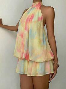 Vestido mini elegante de mujer con cuello halter y lazo en color amarillo claro - Amarillo claro 2 - Ver 8