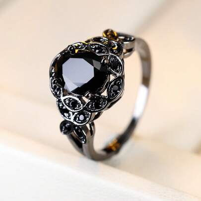 1 pieza Anillo con diseño de flor hueca en negro y dorado, accesorio único y elegante