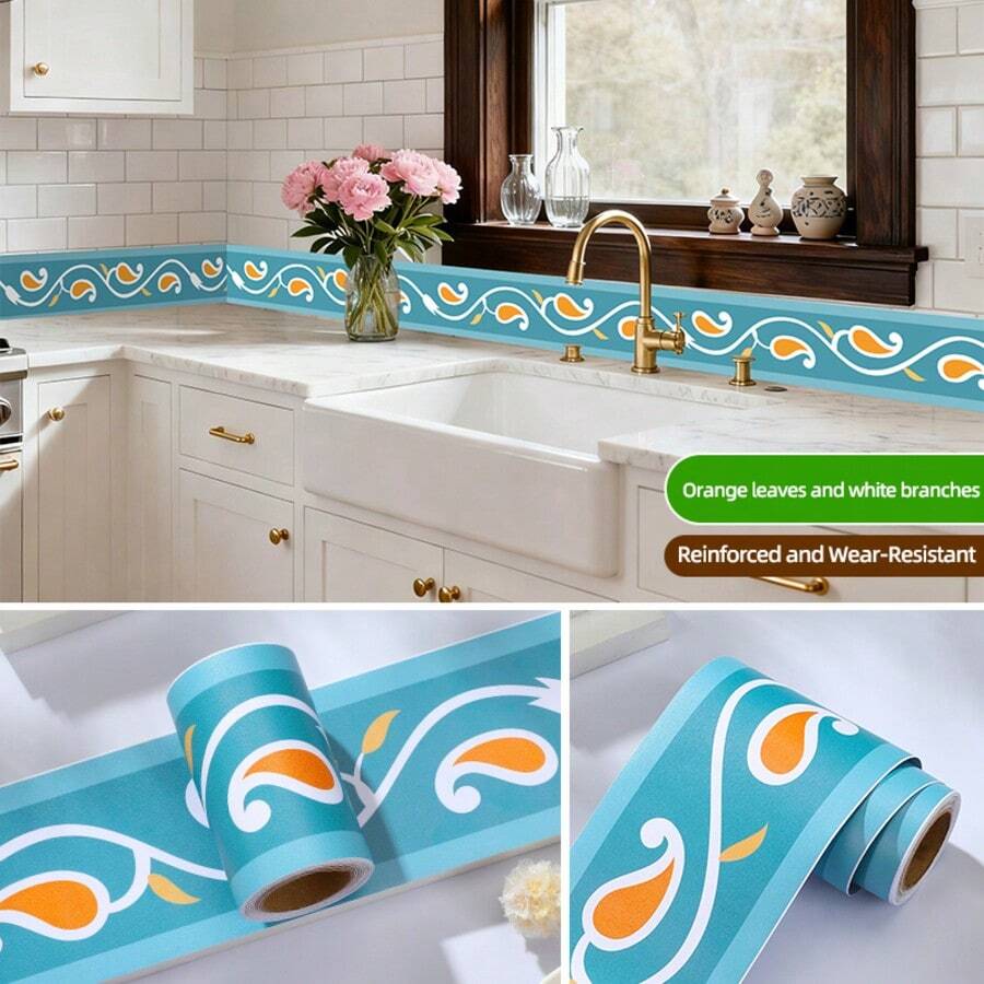 Self-Adhesive Ceramic Tile Trim Sticker, Decorative Wall Border For Kitchen, Bathroom, Waterproof Baseboard - Orange Leaves and White Branches - View 1