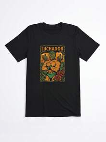 Camiseta Negra Luchador con Estampado de Luchador y Cactus para Uso Diario - Negro - Ver 2