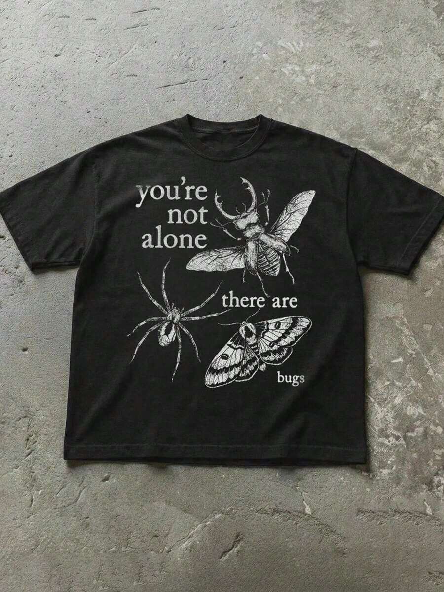 No estás solo, ¡hay bichos!Camiseta de manga corta con cuello redondo y estampado divertido de amante de los insectos para mujer, adecuada para uso diario al aire libre, nueva moda casual de calle primavera/verano 2026 en color negro - Negro - Ver 1