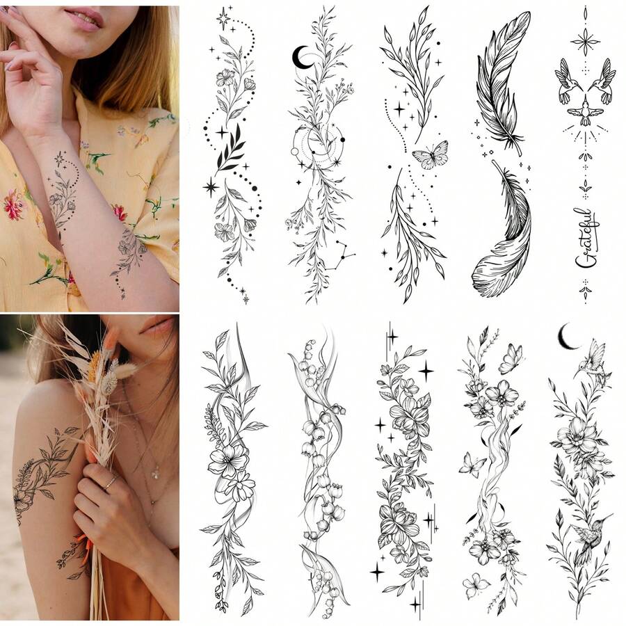 10 Tờ Hình Xăm Tạm Thời Hình Lá và Dây Leo Xanh Tươi, Kích Thước Lớn Dành Cho Nữ - Hình xăm tay lâu trôi, Hình dán cơ thể cho mặt, tay, ngực, eo, bụng, chân và bàn chân - Phong cách vẽ phác thảo, ngoài trời - màu đen - Xem 1