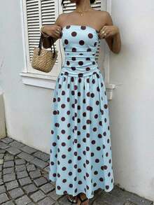 Vestido bandeau con cintura ceñida y estampado de lunares, estilo vacacional - Multicolor 16 - Ver 6