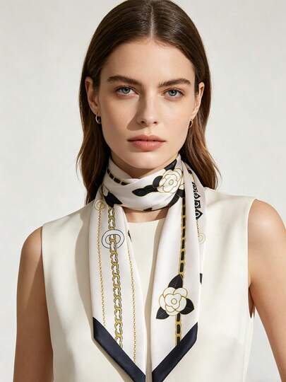 Moemton Khăn lụa họa tiết hoa trà và dây xích trang nhã: Phụ kiện cổ bằng satin sang trọng, phù hợp với những quý cô thanh lịch.