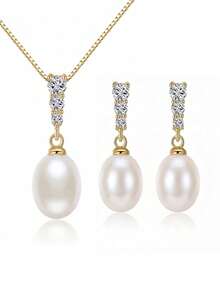 AETOLIA Juego de joyas de plata de ley 925 con perlas naturales, collar y pendientes de circonita cúbica, regalo de aniversario de boda para mujer - Amarillo Oro - Ver 14