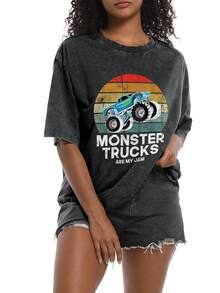 Monster Truck Are My Jam Retro Sunset Cool Engines  Washed Effect Oversized T Shirt Unisex Casual Short Sleeve Crew Neck Tee For Daily Wear And Streetwear Cosplay, - màu đen - Xem 5