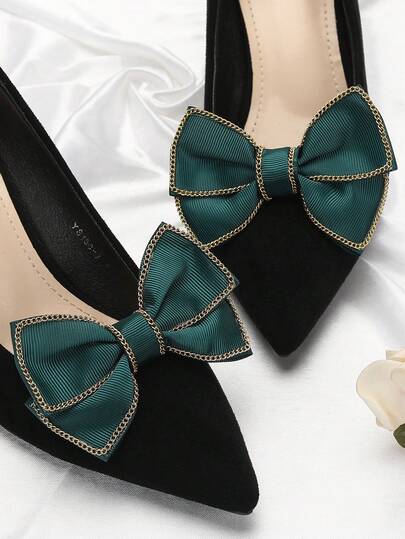 2pcs Detachable Bow Tie, Gold Metal Chain Edging, Bridal Wedding High Heels Party Shoes Accessories, Elegant Dual-Use Decor