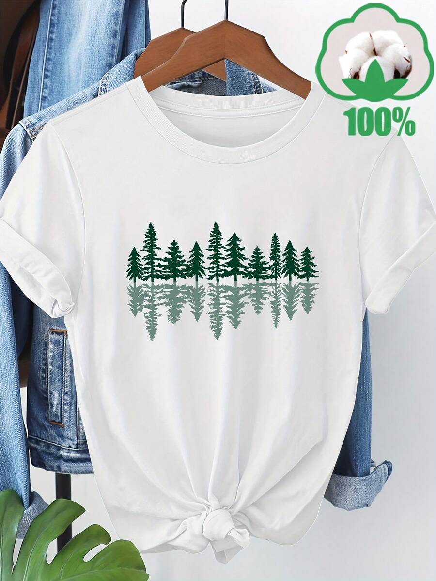 Short-Sleeved T-Shirt With Pine Tree Reflection Print 9097 - 白色 - 查看 1