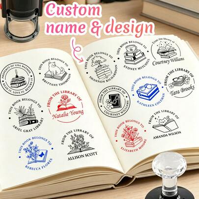 Con dấu sách thư viện tùy chỉnh, con dấu tên cá nhân hóa, kiểu biểu tượng tối giản dễ thương dùng làm tem sách, sổ tay, quà tặng cho người yêu sách, con dấu tự động đóng mực tùy chỉnh làm quà tặng ngày lễ cho bạn bè và gia đình, con dấu tên cá nhân hóa chứng nhận quyền sở hữu sách để sử dụng tại thư viện gia đình, 2 loại con dấu.