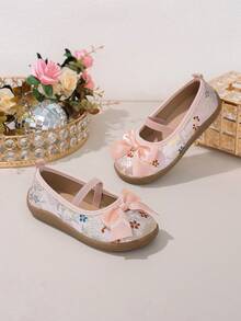 1 par de zapatos estilo chino Mary Jane nuevos, zapatos de cuero con punta redonda y slip-on, bordados florales retro, tacón plano, adecuados para atuendos, rosa suave con lazo, apropiados para actuaciones, niñas de las flores, festivales - Rosa Pálido - Ver 5