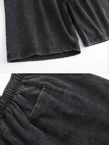 Men's 2PCS BUUTIAN Vintage Wash Solid Color T-Shirt & Denim Shorts Set, Multiple Color Combinations Available, Oversized Streetwear Casual Summer Joggermate Outfit, 90s Retro Casual Loungewear - 綠色+黑色 - 查看 8