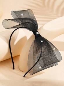 1 pieza Diadema elegante con lazo negro y decoración de diamantes de imitación brillantes, diadema de estilo princesa con tul multicapa, adecuada para novia, boda, celebración, banquete, fiesta festiva, casual de campus, accesorio para el cabello de mujer - Negro - Ver 4