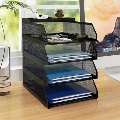 4-Tier Paper Organizers, Desk Organizer, Stackable Paper Tray, Desk Accessories, Metal Mesh Desktop Organizer, Letter Trays, File Document Storage Rack Home, Office, School (Black)
