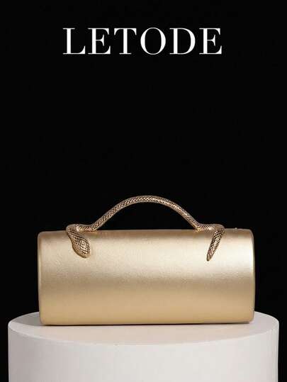 新款个性化蛇形手柄设计圆形水桶式PU手拿包，奢华女士派对包，晚宴包，可拆卸金属长链，斜挎或手提，适合晚宴、婚礼、盛会等场合，光泽亮丽，适合作为婚礼、派对、约会礼物，优雅舞会包