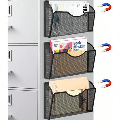 File Holder 3 Pockets File Folder Organizer, Office Hanging Magazine Rack File Cabinets, Magnetic Paper Holder, No Drilling Mail Organizer Refrigerator, Whiteboard, Office, Kitchen