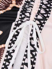 AIJ Amarilo Women's Elegant Tropical Print Ruched Hollow Out Fitted Metal Ring Buckle Niche Design Sleeveless Backless Camisole Top And Drawstring High Slit Skirt 2-Piece Set (Positioning Print) Summer - Apricot Brown Flowers - View 8