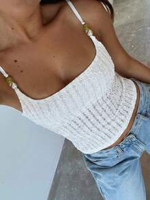 Tank Top Wanita Vaiaye Musim Panas Kasual Warna Polos, Pas Badan, Dekorasi Kerang, Tekstur Jacquard, Cocok Untuk Pantai & Perjalanan, Putih untuk Hari St. Patrick - Putih - View 4