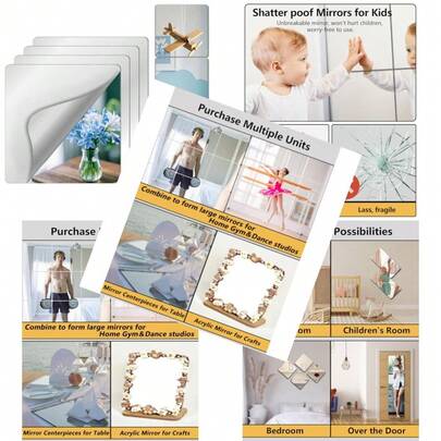 Unbreakable Mirror Tiles 4PCS 10"X10" Peel And Stick On Mirror For Wall Mirrors Decorative Toddlers For Bedroom Plastic Gym Frameless Door Small Adhesive Mirrors For Classroom Decor Stickers
