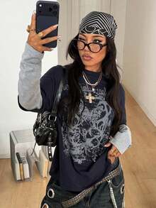 TopstopsCoolane Women's & Men's Spring/Summer Couple Same Style Streetwear Goth Grunge Punk Casual Vintage  Cotton Graphics Comfortable Round Neck Patchwork Brown And Beige Oversized Long Sleeve  T-ShirtLoose And Comfortablesummer Topssummer Tops - 藏蓝色 - 查看 3