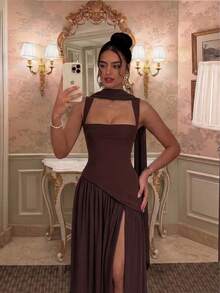Women's Solid Color Square Neck Backless Tie Ruffle Hem Sexy Vacation Wedding Party Dress Elegant Summer - Brown - View 4