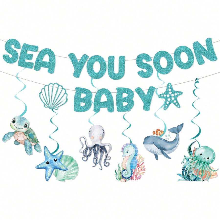 青色 SEA YOU SOON BABY 吊掛式橫幅套組,海洋主題海生物派對裝飾,適用於嬰兒派對與慶祝活動 - 彩色 - 查看 1