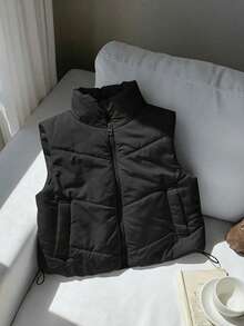 Chaleco corto de algodón grueso para mujer, estilo casual y deportivo para uso diario, con cremallera frontal, de color liso, ideal para usar en capas durante el otoño y el invierno. - Negro - Ver 1