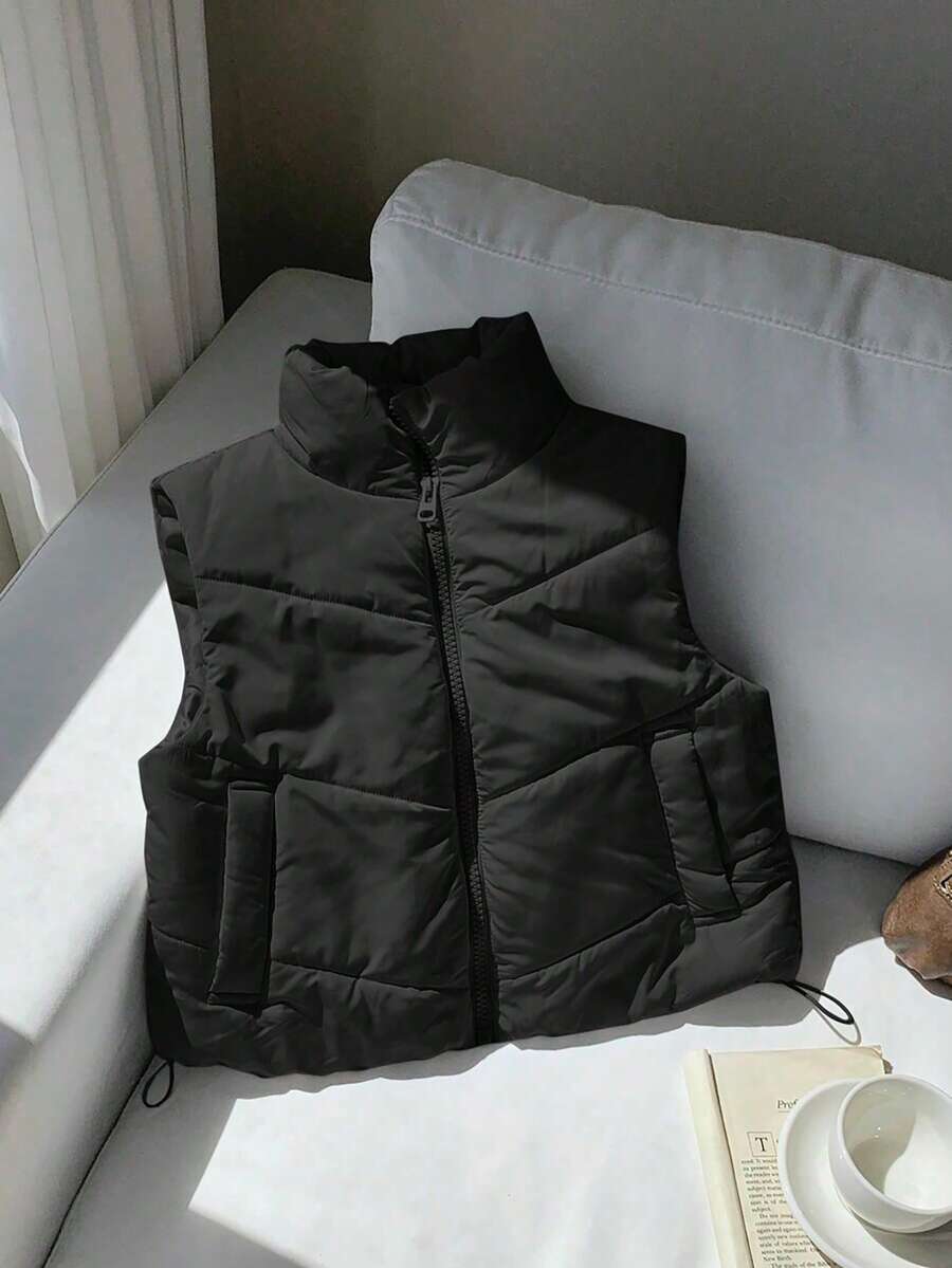 Chaleco corto de algodón grueso para mujer, estilo casual y deportivo para uso diario, con cremallera frontal, de color liso, ideal para usar en capas durante el otoño y el invierno. - Negro - Ver 1