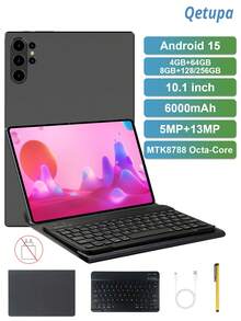Qetupa Máy tính bảng Android 15 inch 10.1 inch, kèm ốp bảo vệ, bàn phím và bút cảm ứng, nhẹ và di động, lý tưởng cho học sinh và người lớn. Bộ xử lý MTK8788 Octa-Core 2.0GHz, RAM 4GB + ROM 64GB hoặc RAM 8GB + ROM 128/256GB (có thể mở rộng lên đến 1TB), màn hình cảm ứng IPS HD 1280x800, camera trước 5MP và camera sau 13MP, pin 6000mAh, Bluetooth 5.2, GPS, hỗ trợ Wi-Fi 6 802.11ax, cổng sạc Type-C (không kèm bộ chuyển đổi). - màu đen - Xem 1