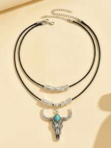 1pc Retro Western Cowboy Style Bull Head Pendant Necklace For Women, Paired With Oval Faux Turquoise, Double Layer Tassel Choker Necklace, Creative Accessory - Antique Silver - View 5