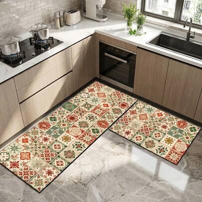 Juego de alfombrillas de piso de cocina con patrón de azulejos bohemios, antideslizantes, absorbentes, de secado rápido y resistentes a la suciedad, de silicona, fáciles de limpiar para la cocina, el comedor, el baño, la entrada, la lavandería y el pasillo